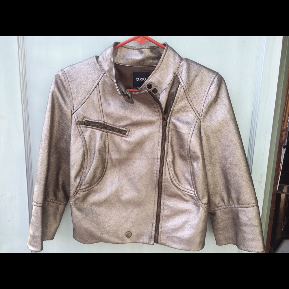 Metallic silver xoxo cropped motorcycle jacket