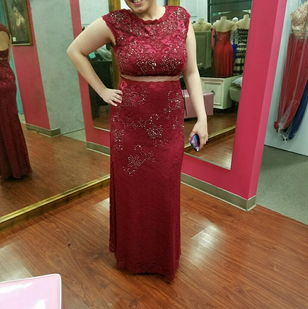 2XL Sexy Burgundy two piece illusion dress