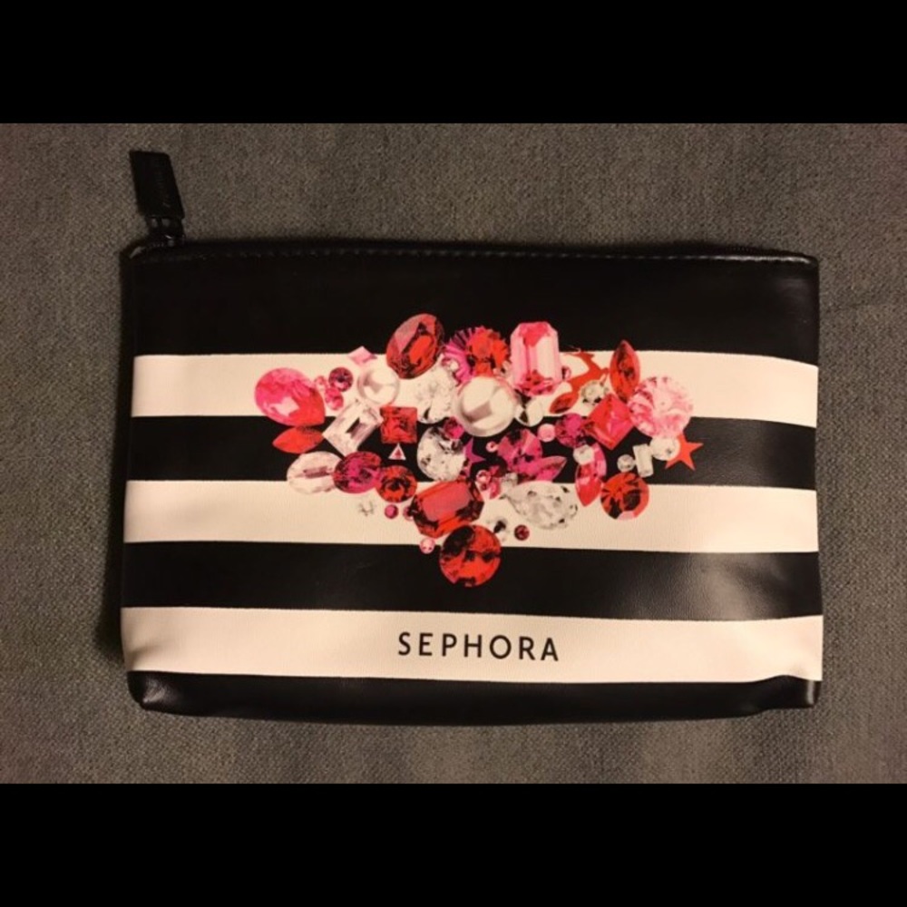 sample perfumes + Sephora Striped Gem clutch