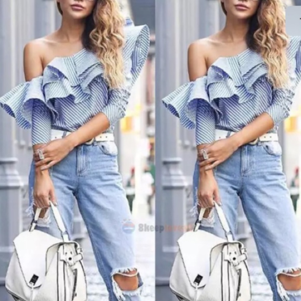 ๐ HP ๐ Blue & White Ruffle Off Shoulder Top - Picture 5 of 8