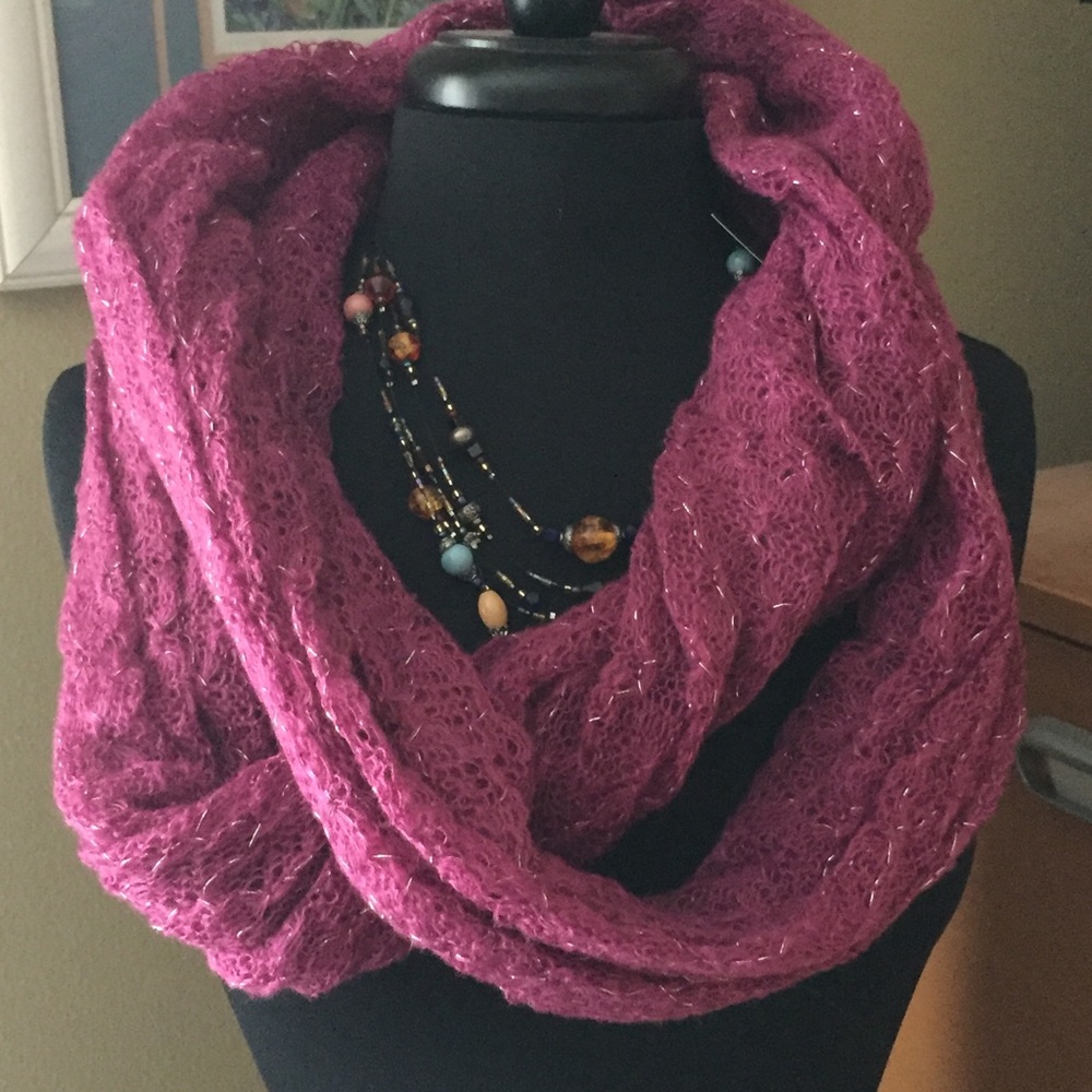 Knit infinity scarf pink w/ silver thread accents