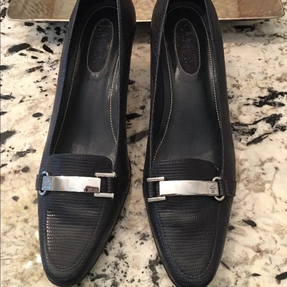 RALPH LAUREN BLACK NAVY REPTILE  LEATHER  HEEL 8 B