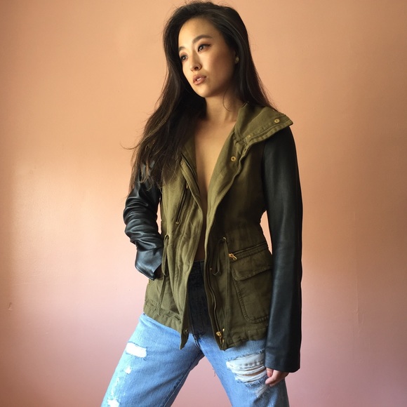 Zara Jackets & Blazers - Zara Leather Sleeves Army Anorak