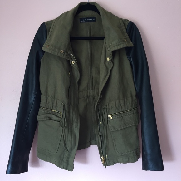 Zara Leather Sleeves Army Anorak - Picture 2 of 4