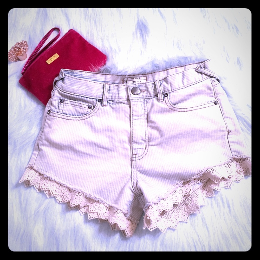 Free people denim striped lace fringe shorts 😍