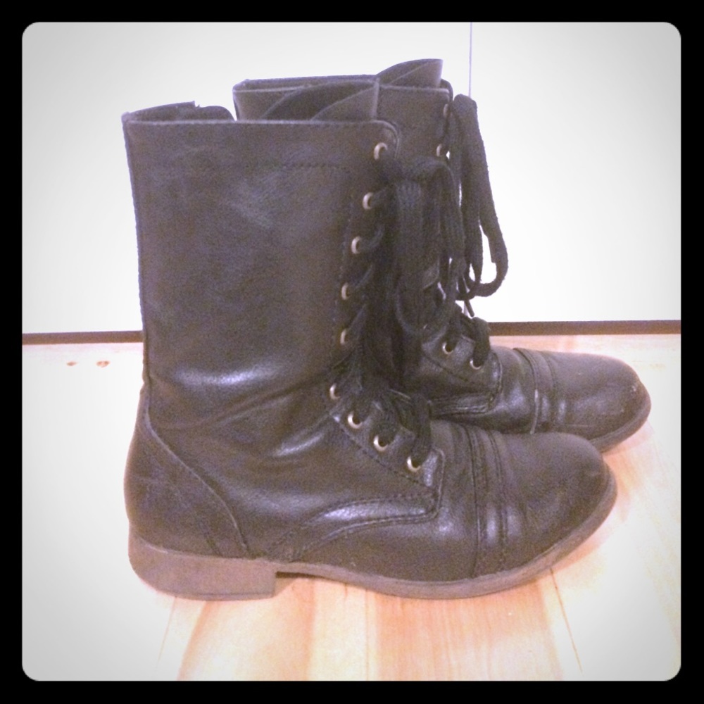 Black leather combat boots