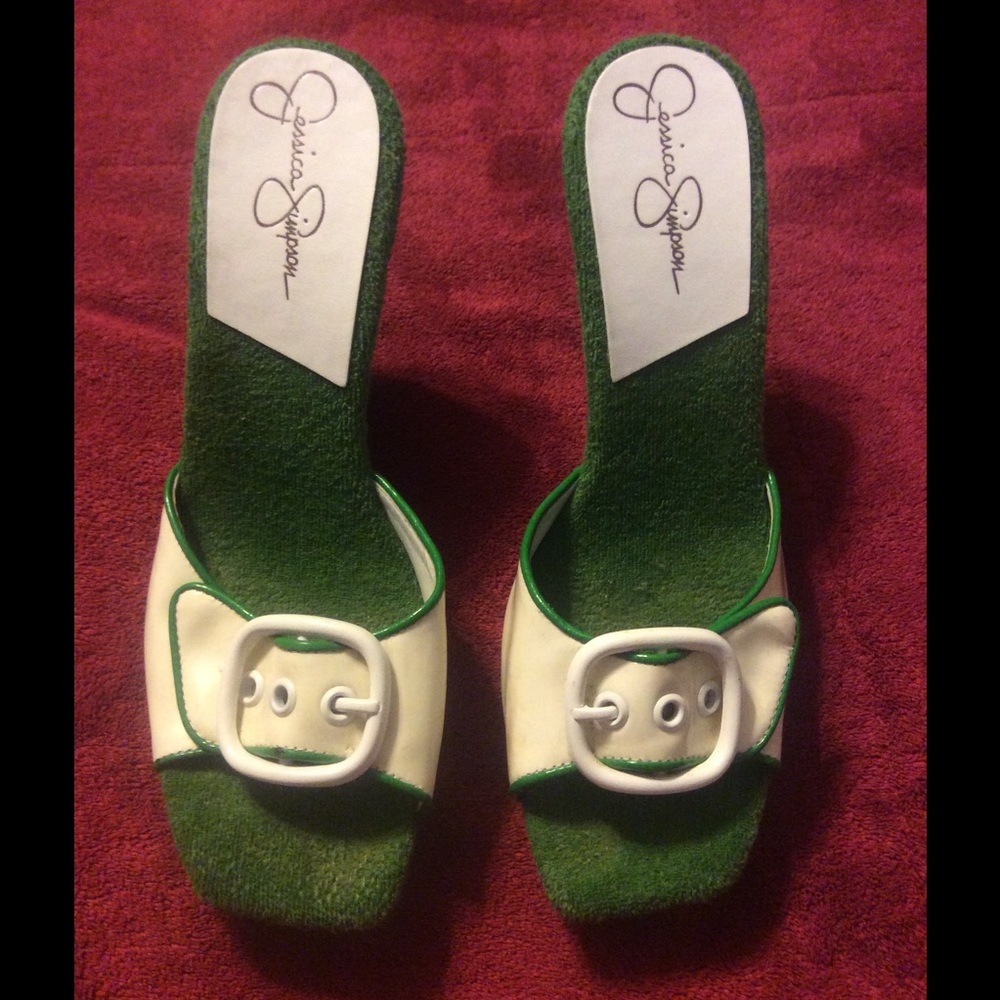 Jessica Simpson green and white wedges