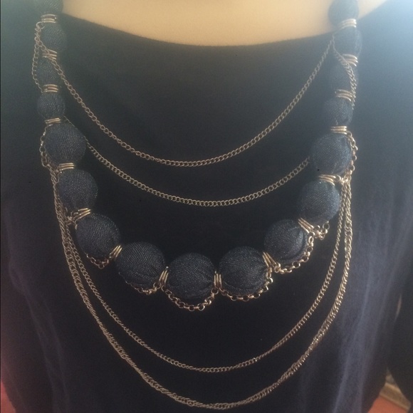 Jean Material Necklace w/Silver Strands of Chains - Picture 2 of 6