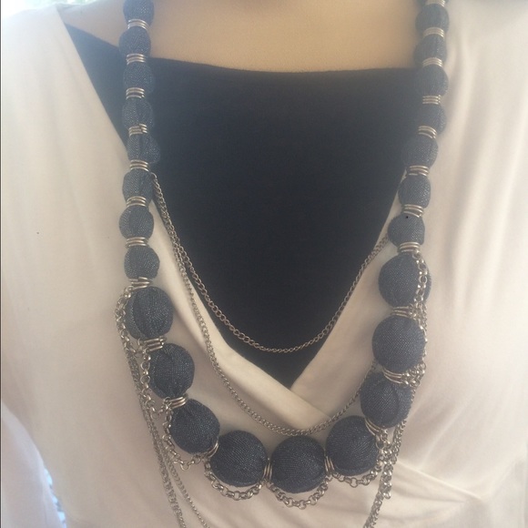 Jean Material Necklace w/Silver Strands of Chains - Picture 5 of 6