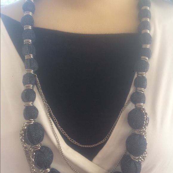 Jean Material Necklace w/Silver Strands of Chains - Picture 6 of 6