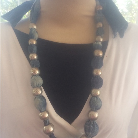 Jean Tye-Dyed Material Silver Beaded Tie Necklace - Picture 1 of 5