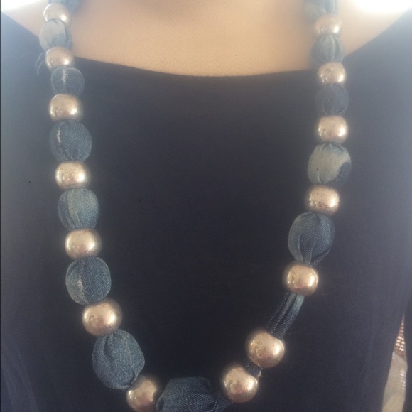 Jean Tye-Dyed Material Silver Beaded Tie Necklace - Picture 2 of 5