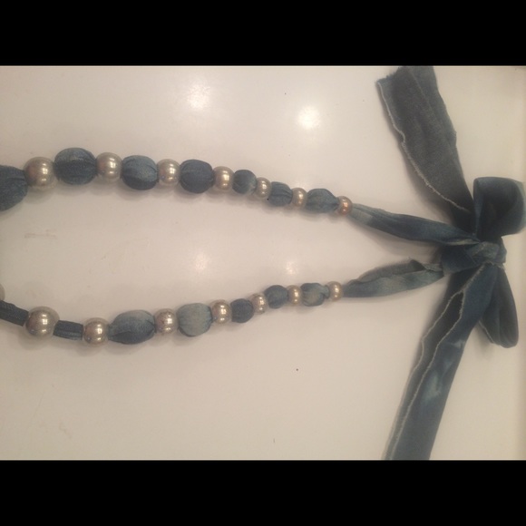 Jean Tye-Dyed Material Silver Beaded Tie Necklace - Picture 3 of 5