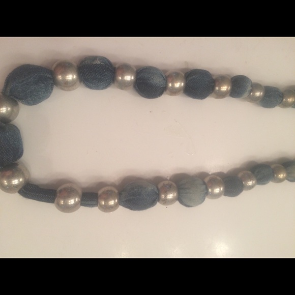 Jean Tye-Dyed Material Silver Beaded Tie Necklace - Picture 4 of 5