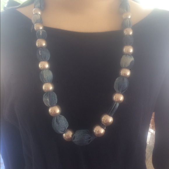 Jean Tye-Dyed Material Silver Beaded Tie Necklace - Picture 5 of 5