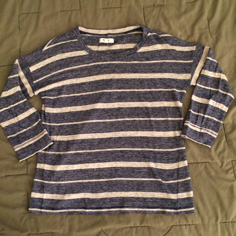 Madewell 100% Linen 3/4 sleeve blue striped top XS