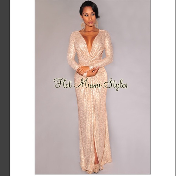 Hot Miami Styles Champagne Sequins Gown - Picture 1 of 4