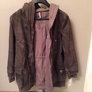 Free People Green Twill Hooded Parka - Army Green