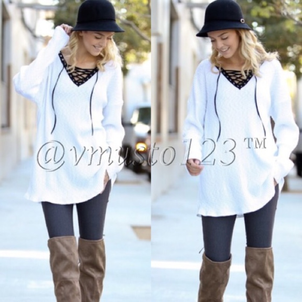 ‼️LAST- SZ L- WHITE RIBBED LACE UP LOOSE SWEATER - Picture 2 of 5