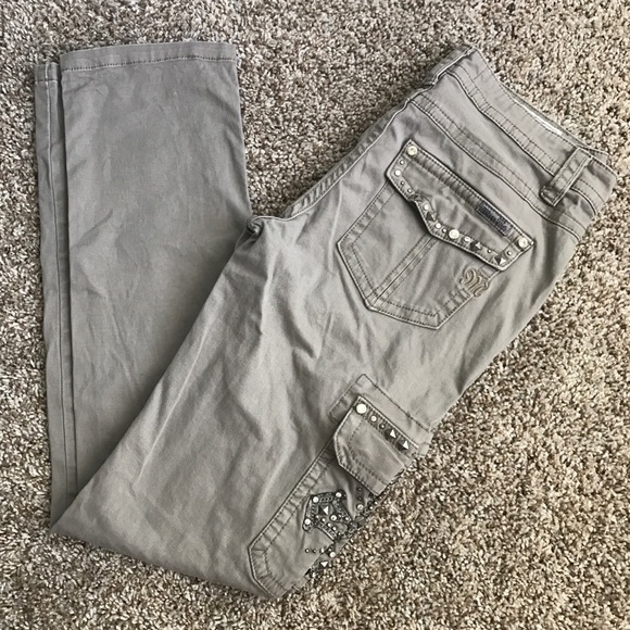 Miss Me Pants - Miss Me Cargo Khaki Jeweled Bling Cross Pants
