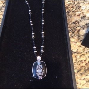 Lia Sophia Long black bead necklace with medal