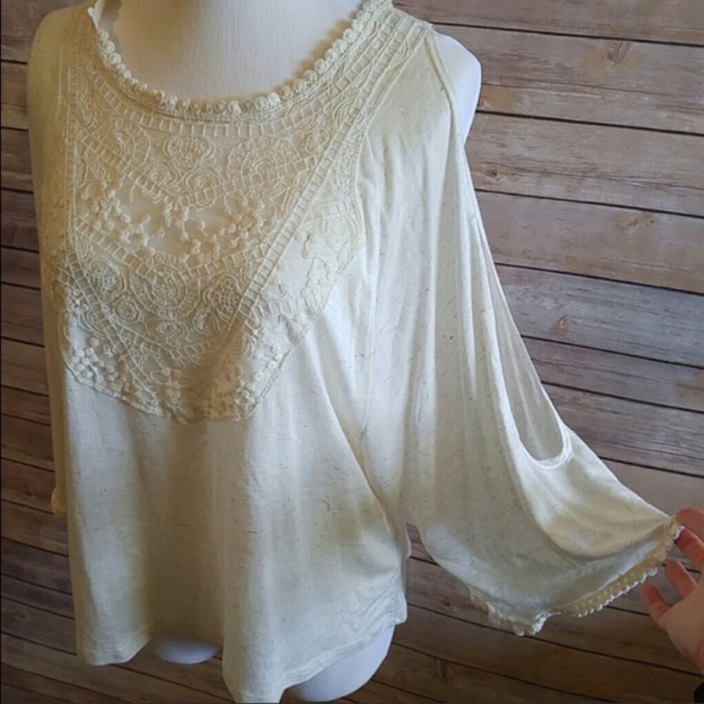 Unique oatmeal crochet detailed open sleeve top