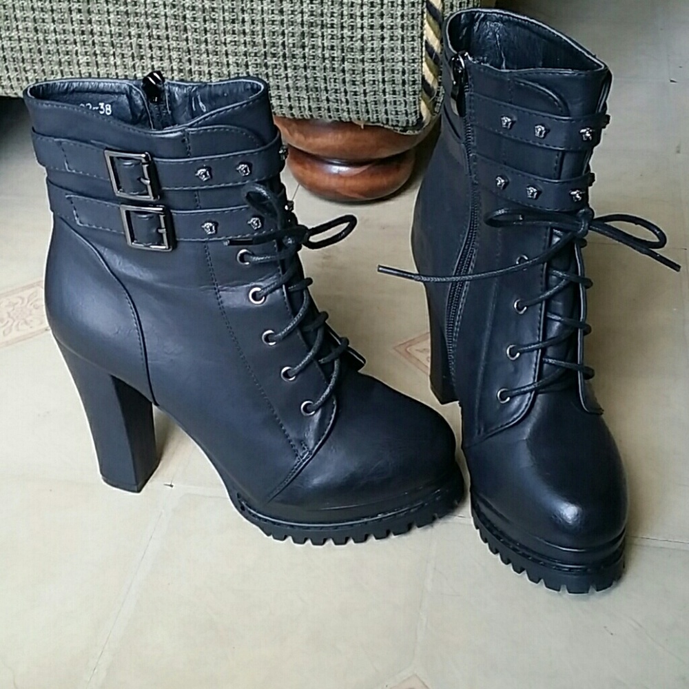 Black lace up buckle bootie heels