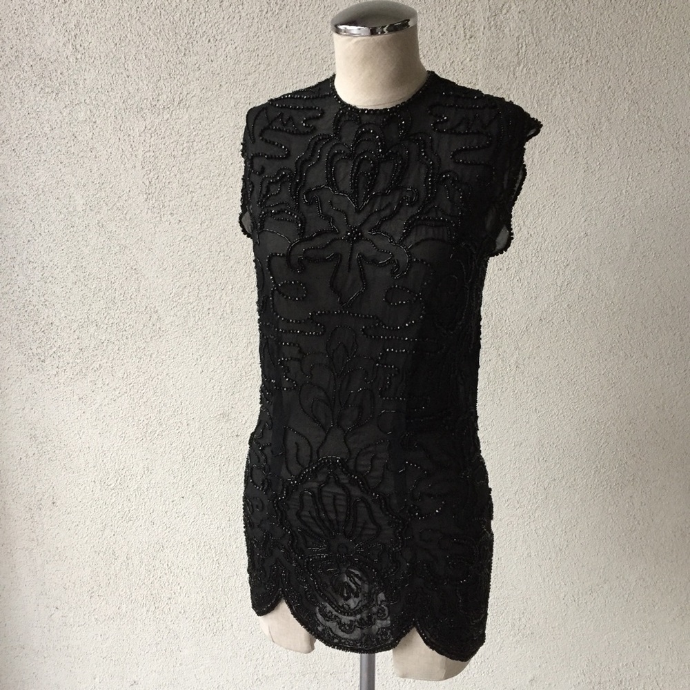 Vintage Beaded Sheer Sleeveless Shirt Blouse