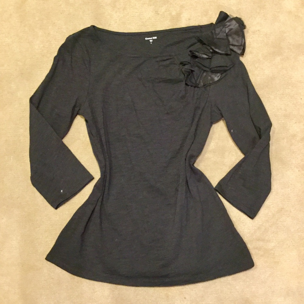 Garnet Hill Black Ruffle Floral Tee Tshirt NEW