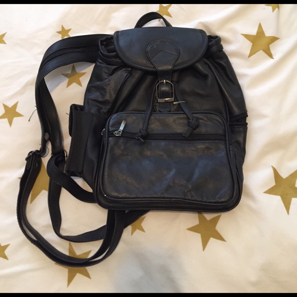 Black Leather/Polyester Backpack