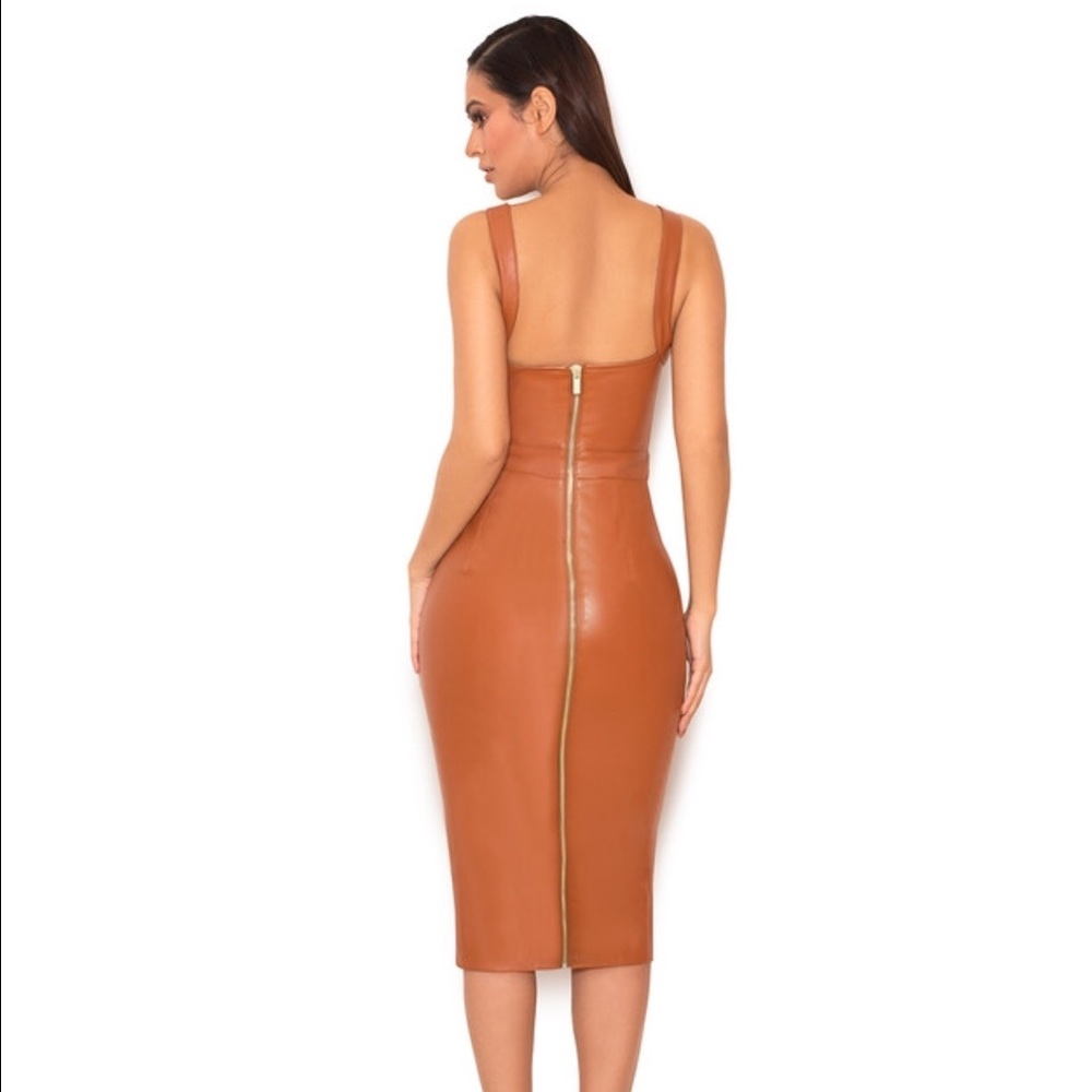Tan Vegan leather deep V dress - Picture 3 of 4