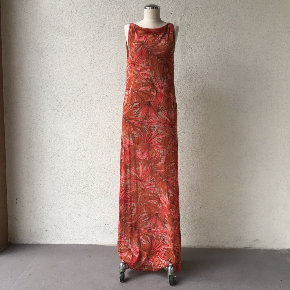 Vintage Tropical Print Semi Sheer Maxi Dress