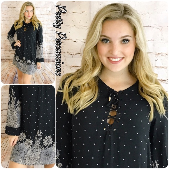 LAST ONE‼️Black & Taupe Lace Up Bell Sleeve Dress - Picture 4 of 4