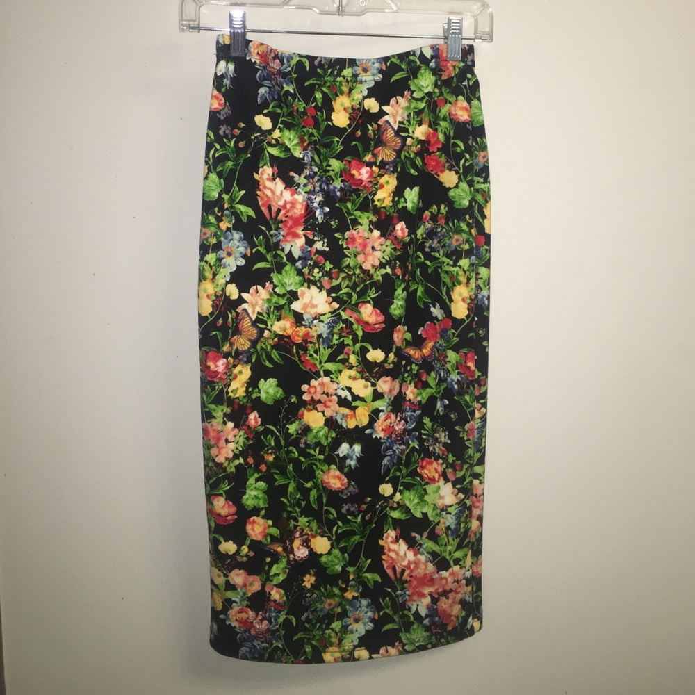 Floral print stretch tube midi skirt