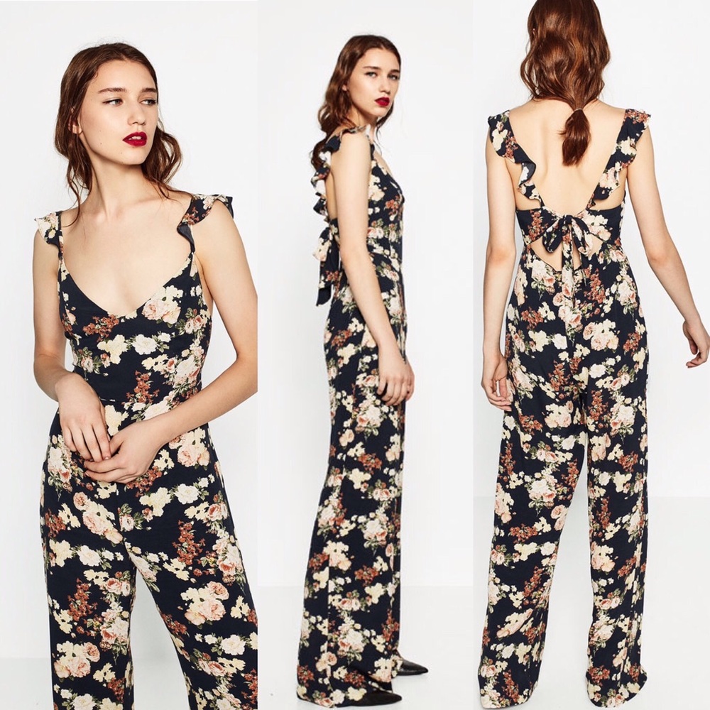 ZARA NAVY BLUE LONG PRINTED JUMPSUIT - Picture 2 of 8