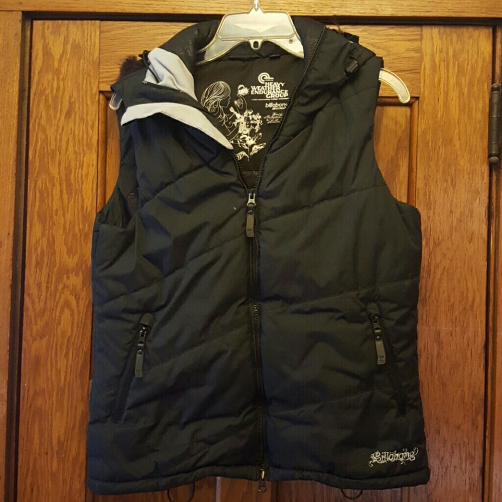 Billabong black hooded zip up vest, large.