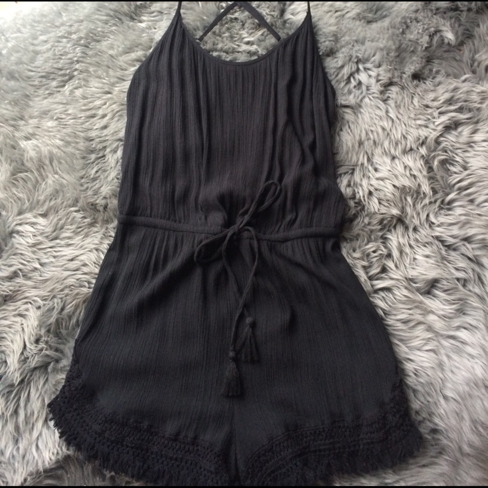 Aerie black shorts romper with crochet trim L