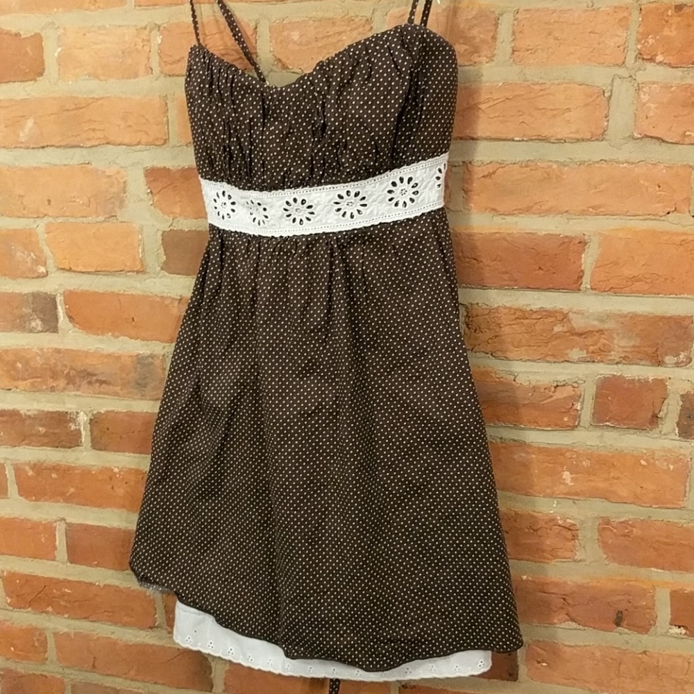 Brown Polka Dot Lace Trim Dress