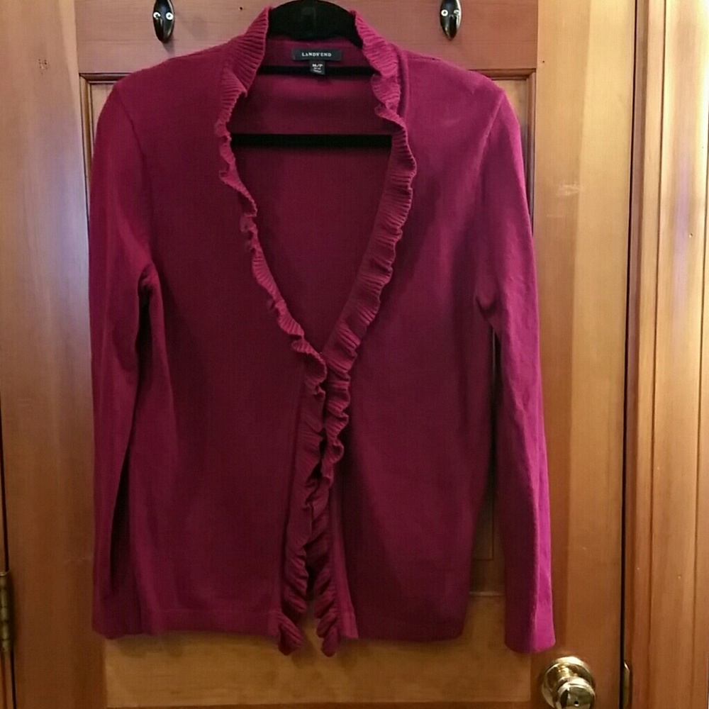 Lands End pink cardigan with ruffle trim
