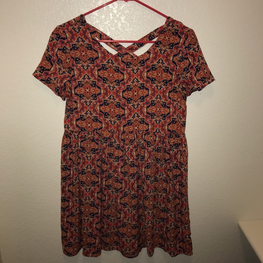 red and blue patterned dress
