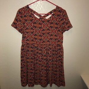 red and blue patterned dress