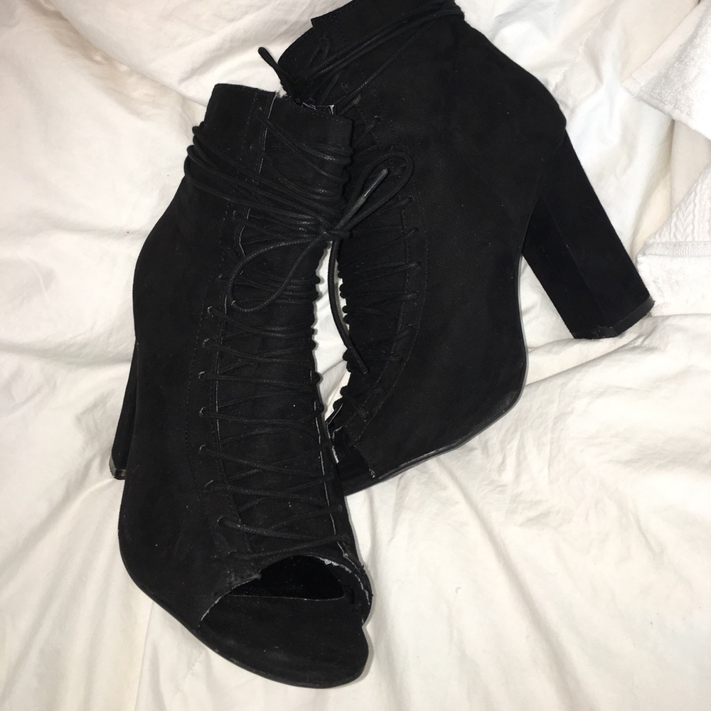 Black Lace-Up, Peep Toe, Suede Heels