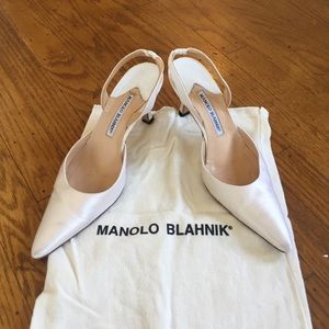 Manila Blahnik satin white slingback 2.5" pump.