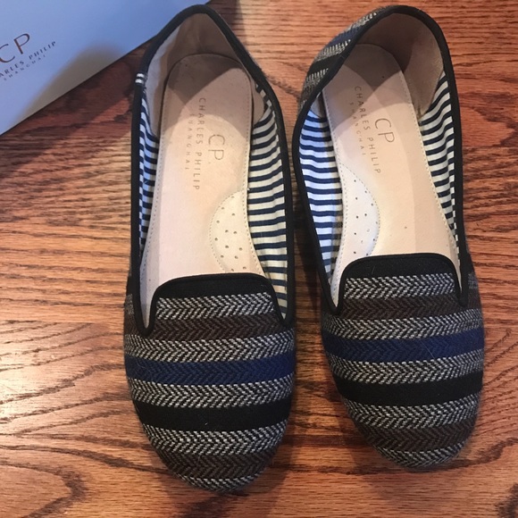 Charles Philip Herringbone wool stripe flats 7.5 - Picture 2 of 3
