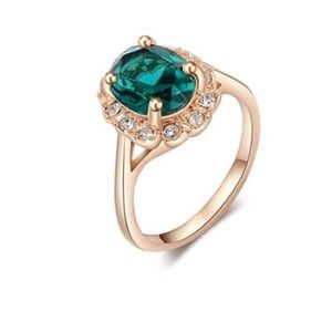Rose Gold Emerald Green Rhinestone Statement Ring