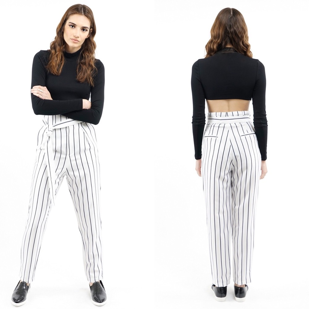 WHITE PINSTRIPE HIGH WAISTED PANTS - Picture 3 of 6