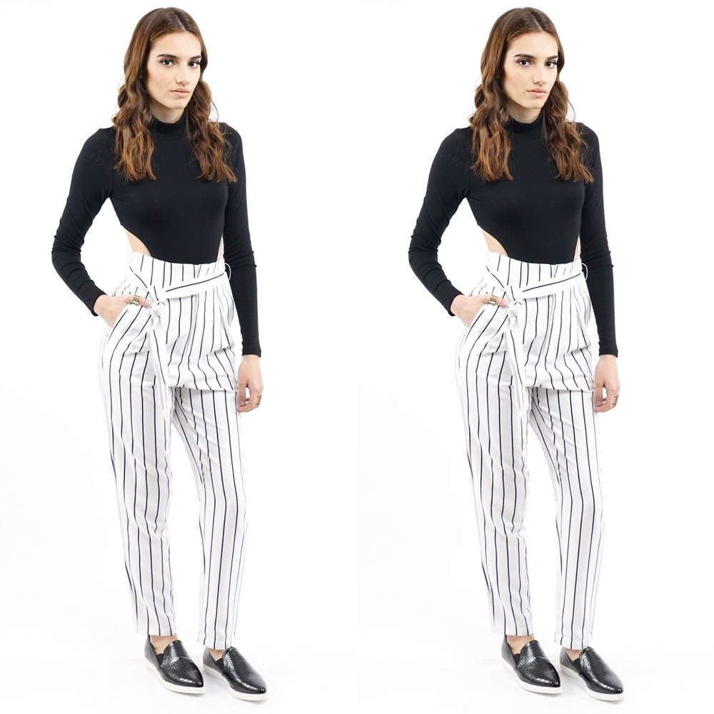 WHITE PINSTRIPE HIGH WAISTED PANTS - Picture 4 of 6