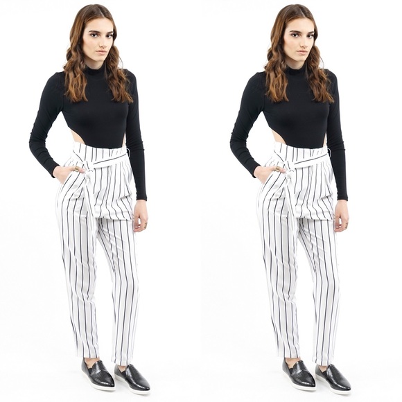 WHITE PINSTRIPE HIGH WAISTED PANTS - Picture 4 of 6