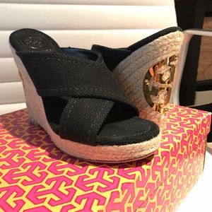 Tory Burch Black "Kristen" Wedges - Size 7