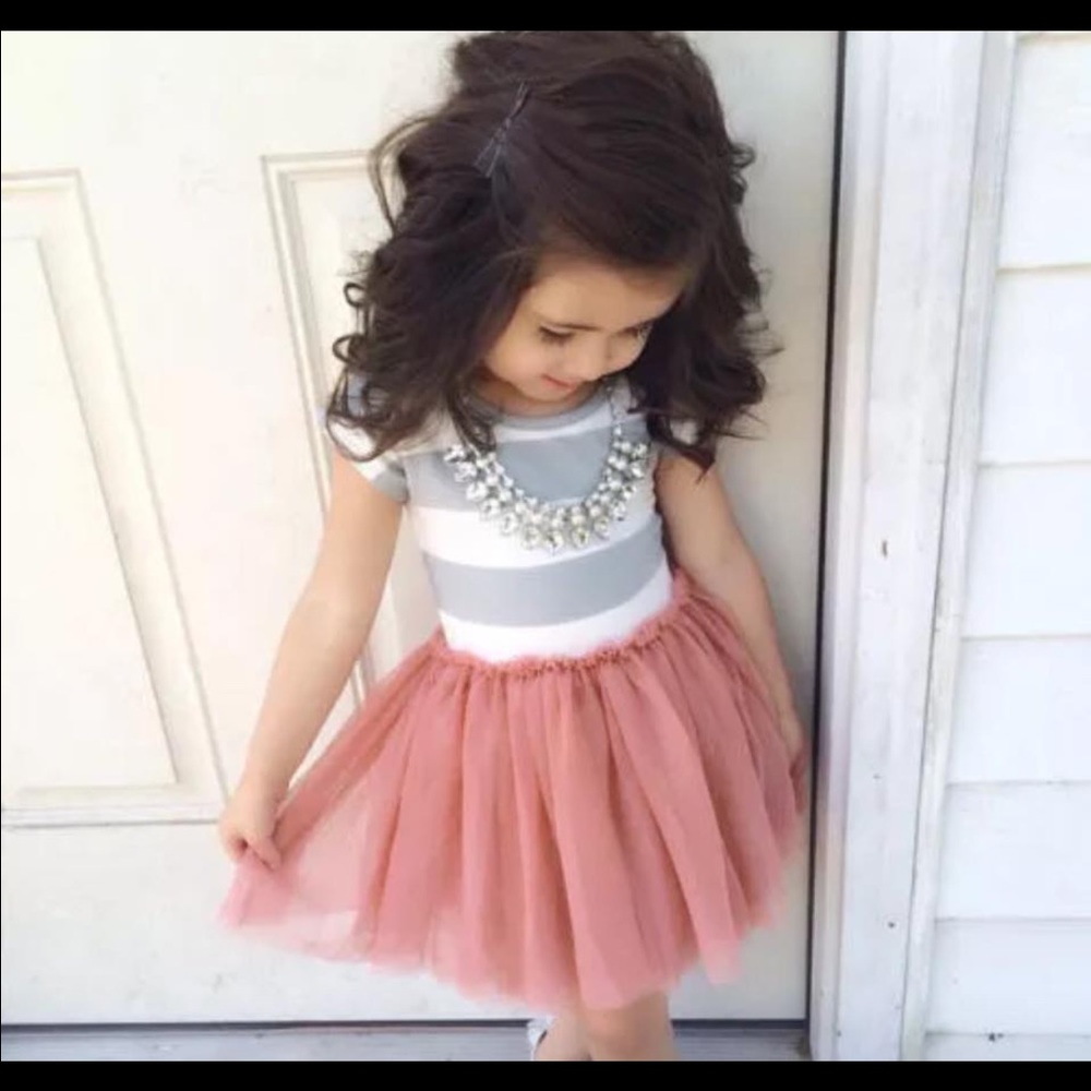 Gray and White Stripe Dress & light Pink Skirt